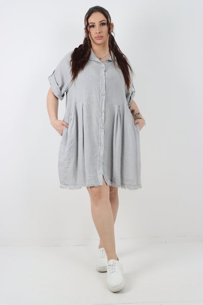 Italian Button Up Collared Neck Raw Cut Hem Mini Dress