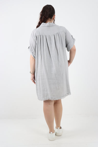 Italian Button Up Collared Neck Raw Cut Hem Mini Dress