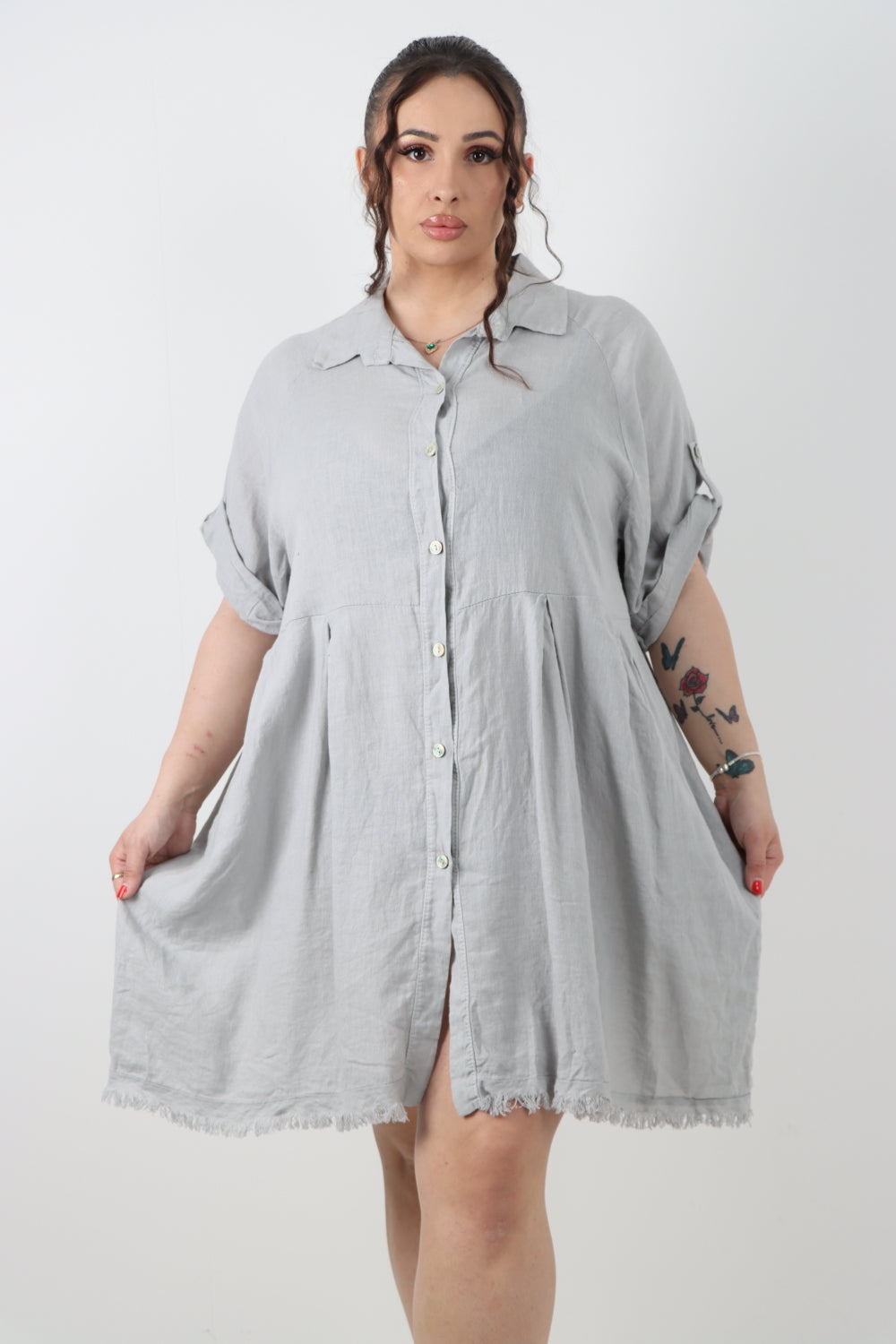 Italian Button Up Collared Neck Raw Cut Hem Mini Dress