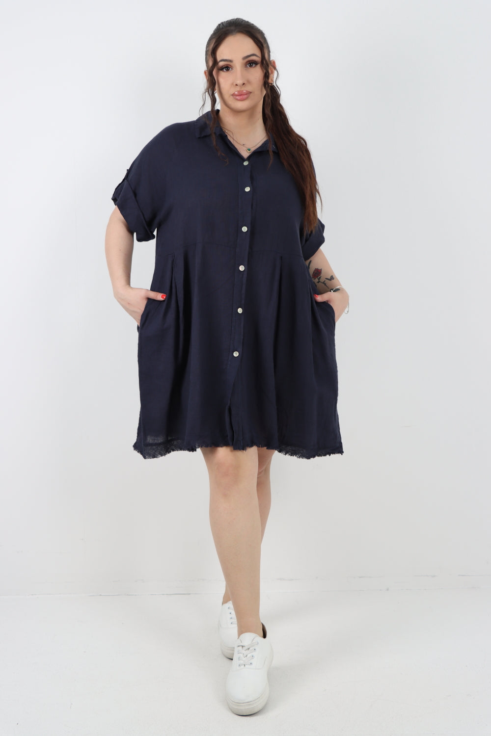 Italian Button Up Collared Neck Raw Cut Hem Mini Dress