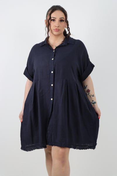 Italian Button Up Collared Neck Raw Cut Hem Mini Dress