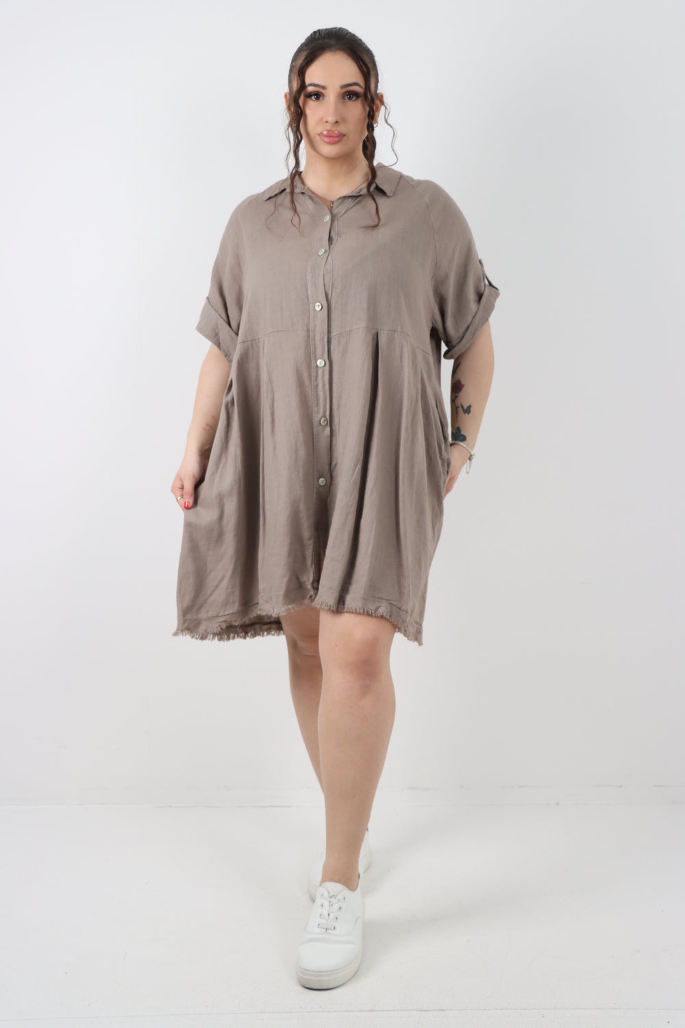 Italian Button Up Collared Neck Raw Cut Hem Mini Dress