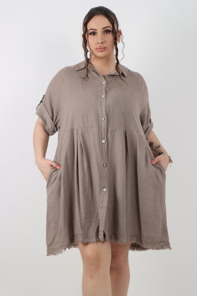 Italian Button Up Collared Neck Raw Cut Hem Mini Dress