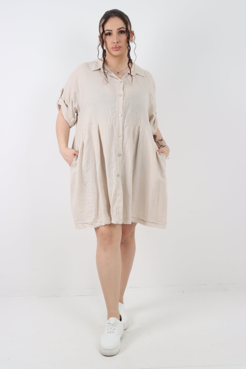 Italian Button Up Collared Neck Raw Cut Hem Mini Dress