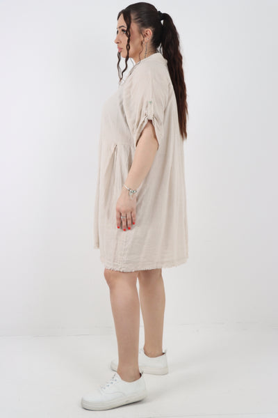 Italian Button Up Collared Neck Raw Cut Hem Mini Dress