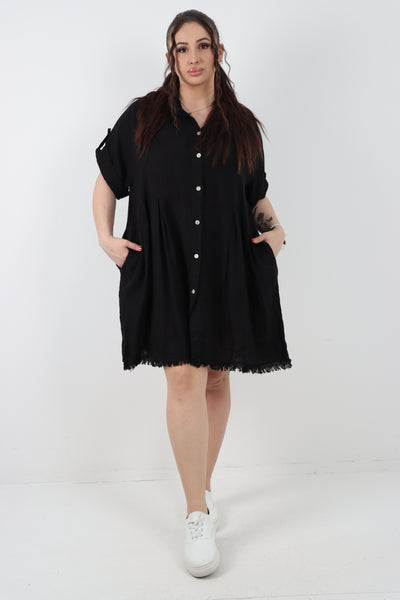 Italian Button Up Collared Neck Raw Cut Hem Mini Dress