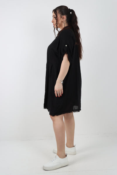 Italian Button Up Collared Neck Raw Cut Hem Mini Dress