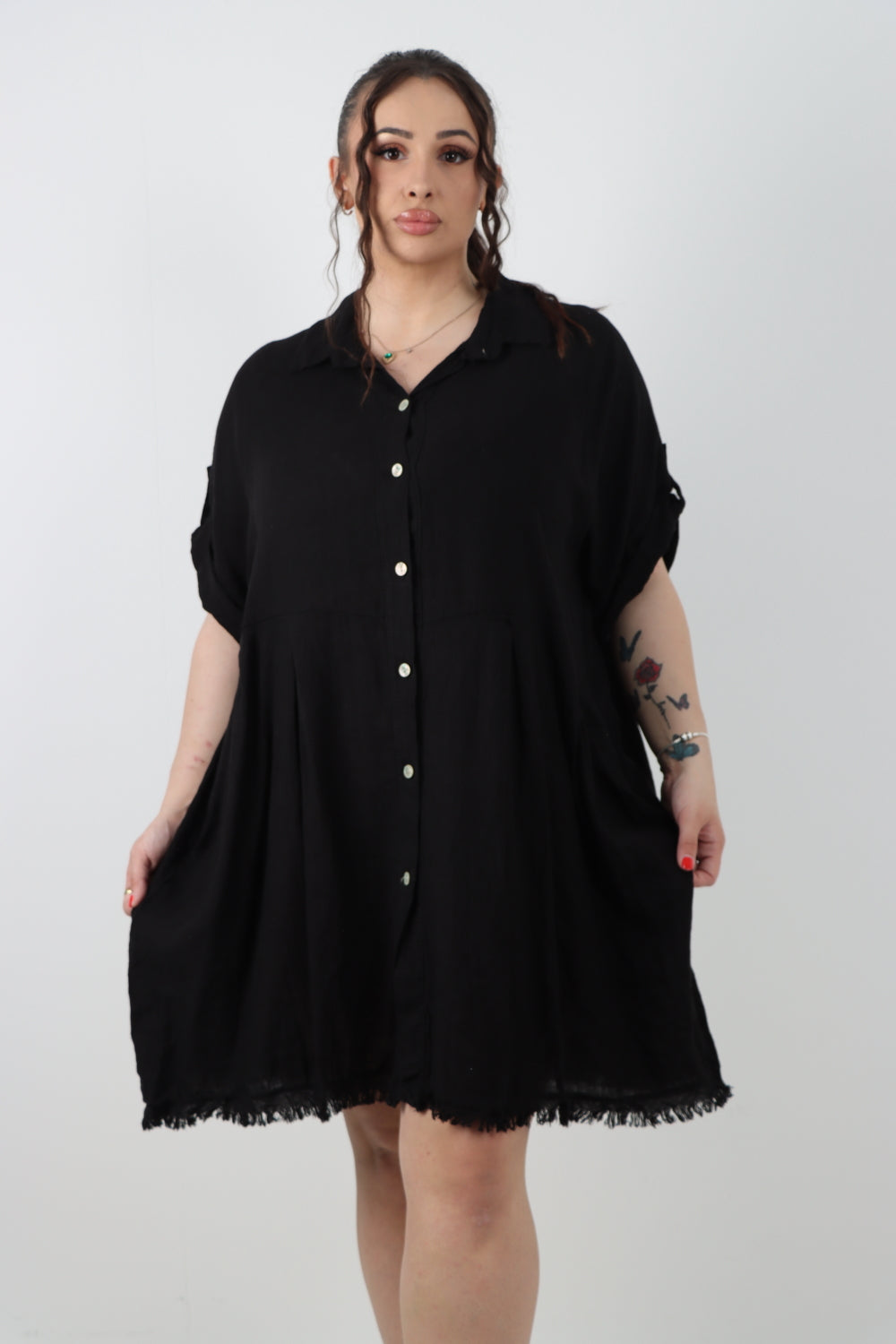 Italian Button Up Collared Neck Raw Cut Hem Mini Dress