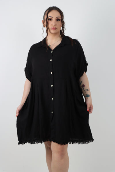 Italian Button Up Collared Neck Raw Cut Hem Mini Dress