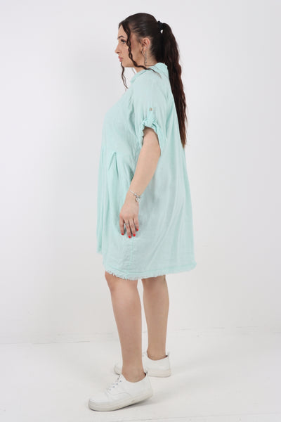 Italian Button Up Collared Neck Raw Cut Hem Mini Dress