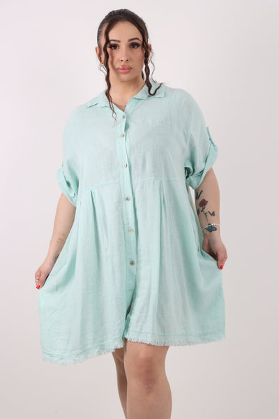 Italian Button Up Collared Neck Raw Cut Hem Mini Dress