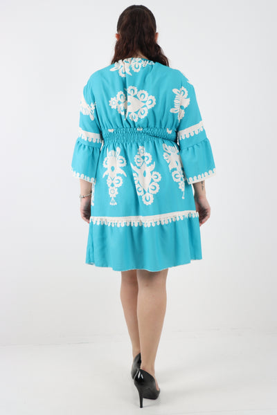 Italian Deep V Neck Printed Shirred Elasticated Waist Midi Dress