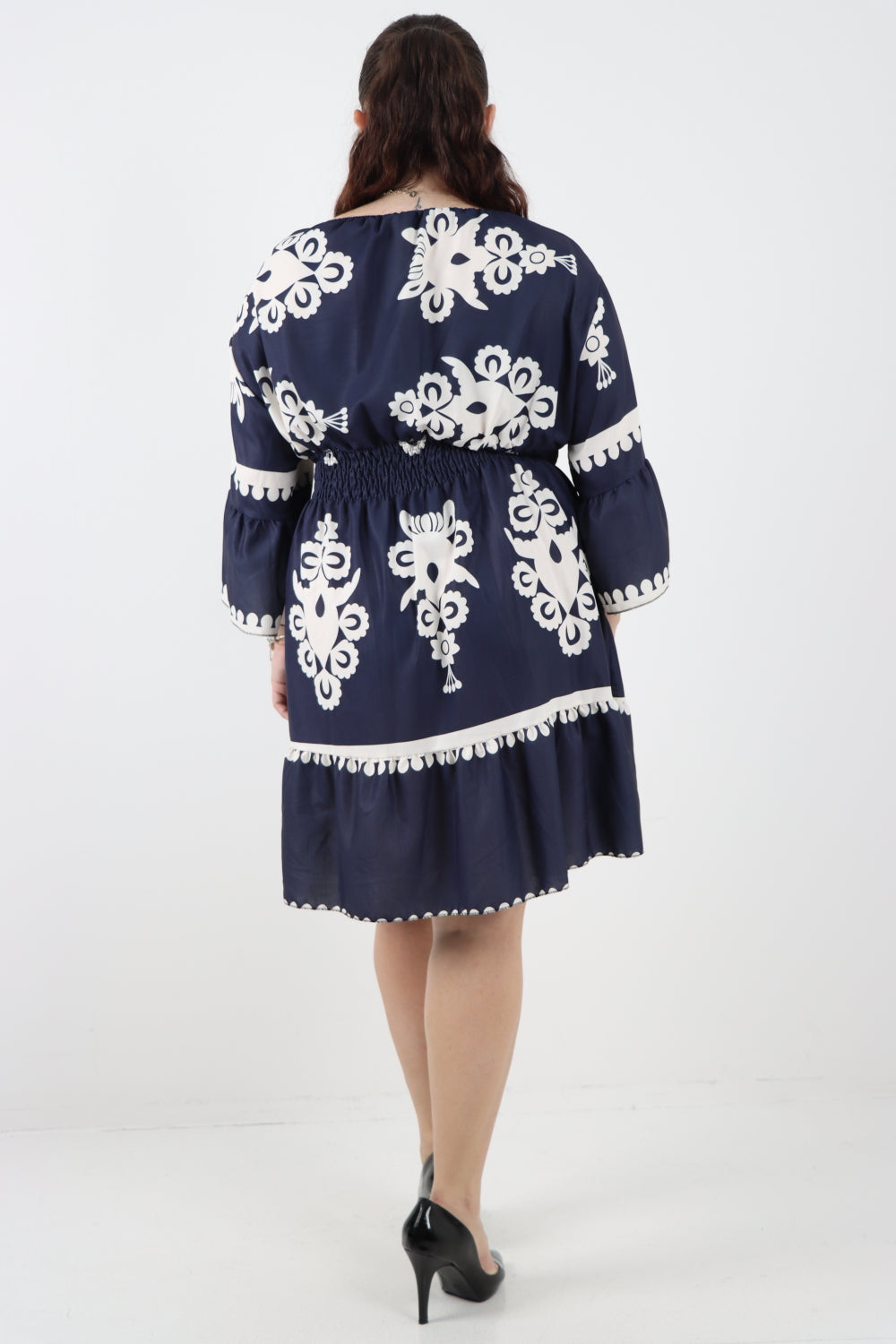 Italian Deep V Neck Printed Shirred Elasticated Waist Midi Dress