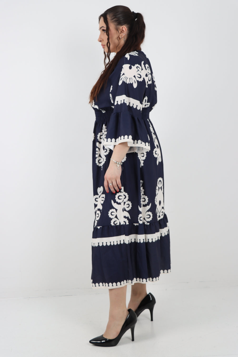 Italian V Neck Shirred Elasticated Waist Printed Maxi Dress