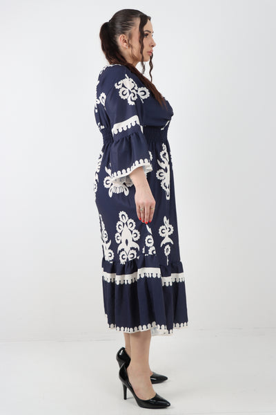 Italian V Neck Shirred Elasticated Waist Printed Maxi Dress