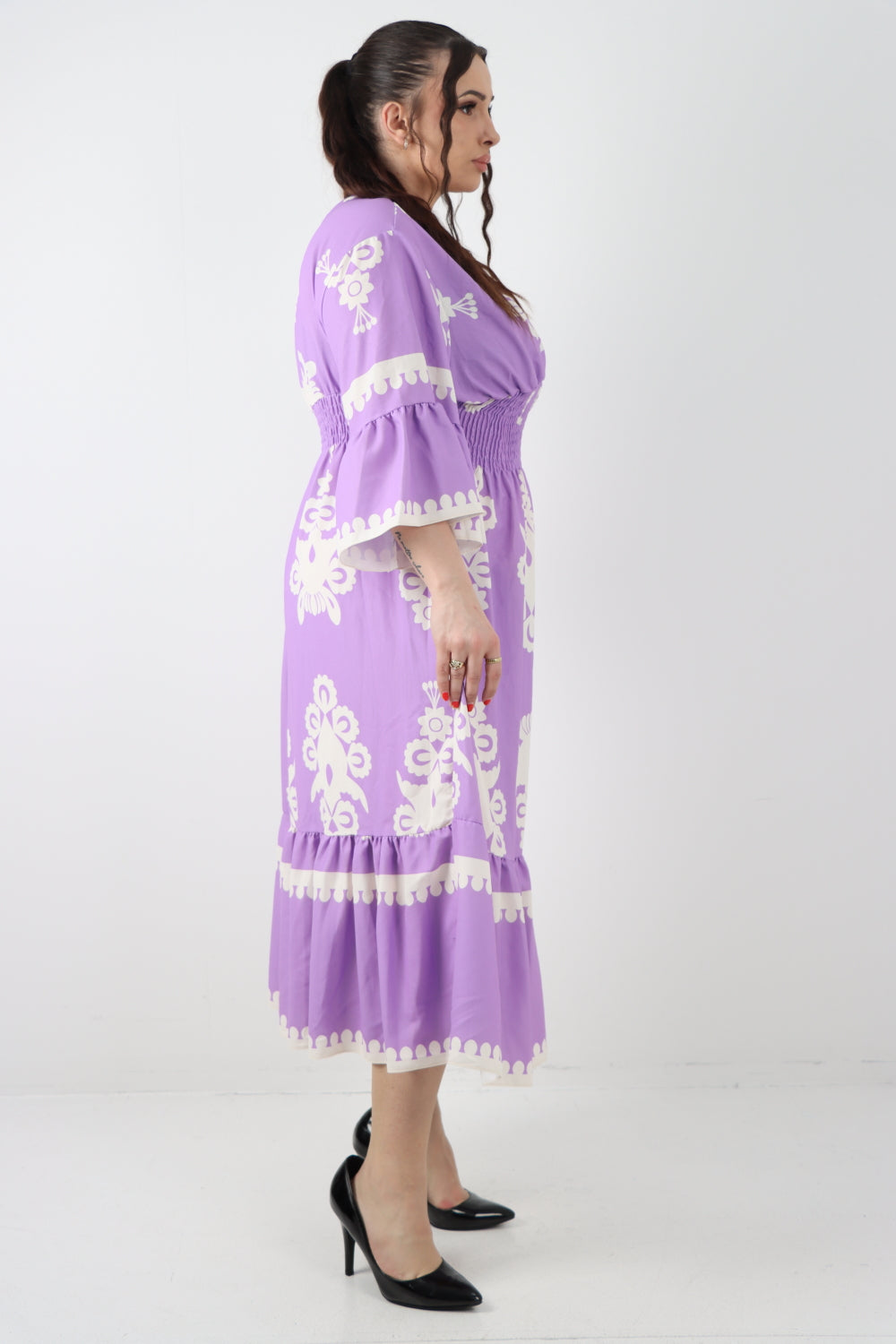 Italian V Neck Shirred Elasticated Waist Printed Maxi Dress