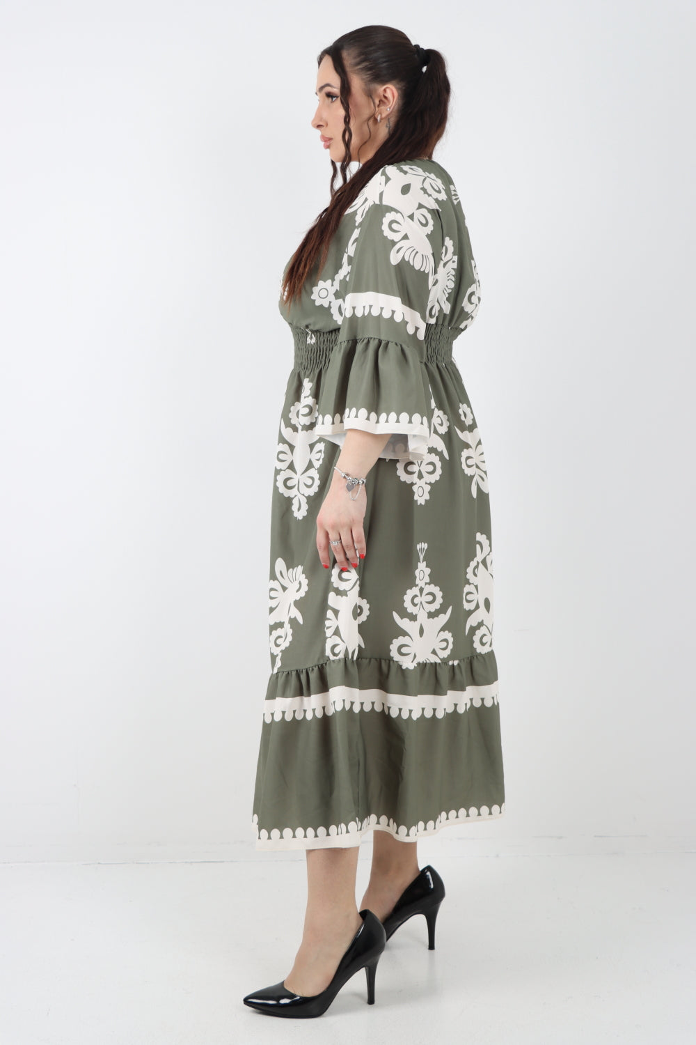 Italian V Neck Shirred Elasticated Waist Printed Maxi Dress