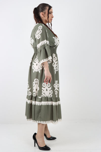 Italian V Neck Shirred Elasticated Waist Printed Maxi Dress