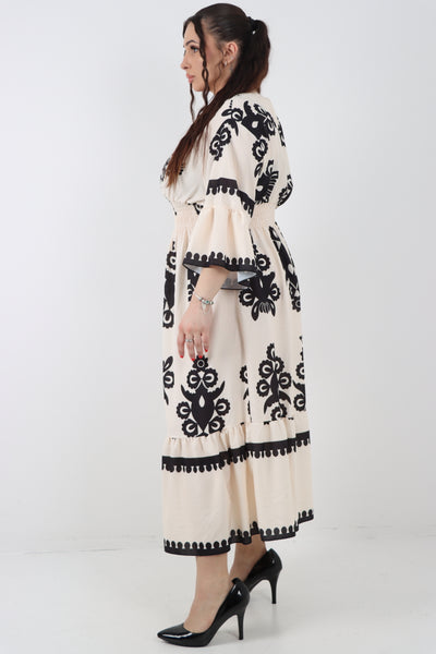 Italian V Neck Shirred Elasticated Waist Printed Maxi Dress