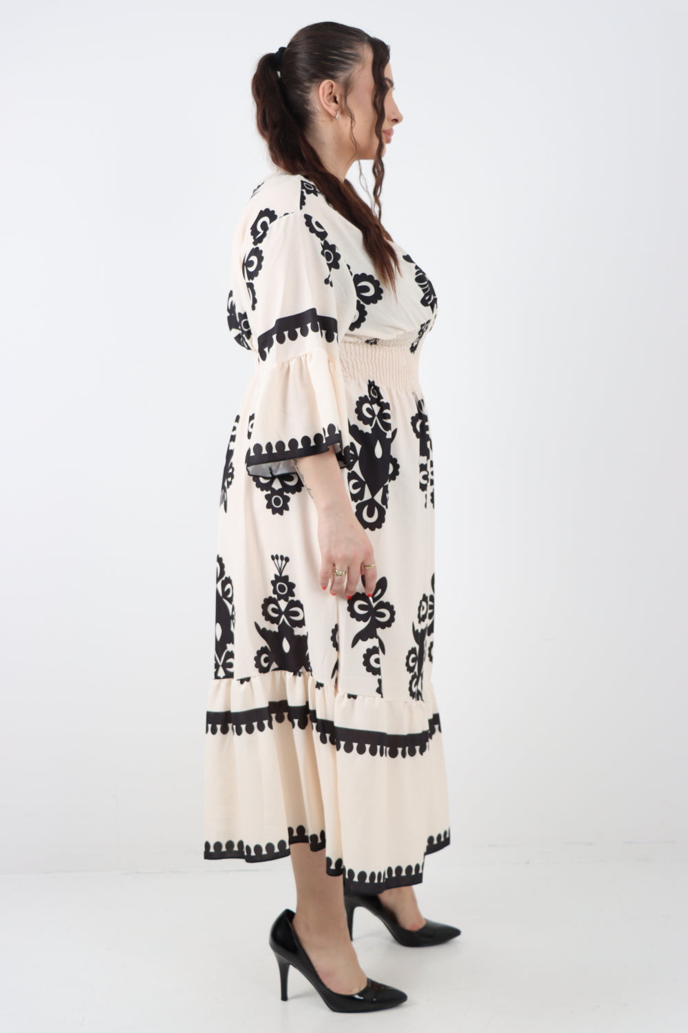 Italian V Neck Shirred Elasticated Waist Printed Maxi Dress