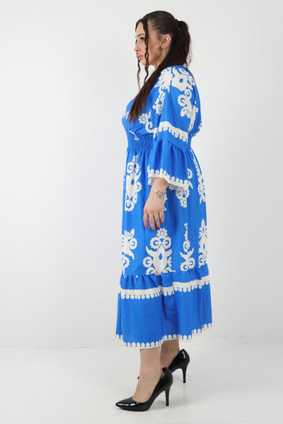 Italian V Neck Shirred Elasticated Waist Printed Maxi Dress