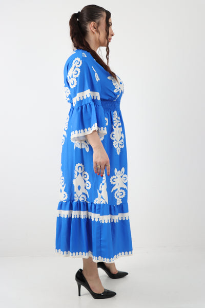 Italian V Neck Shirred Elasticated Waist Printed Maxi Dress