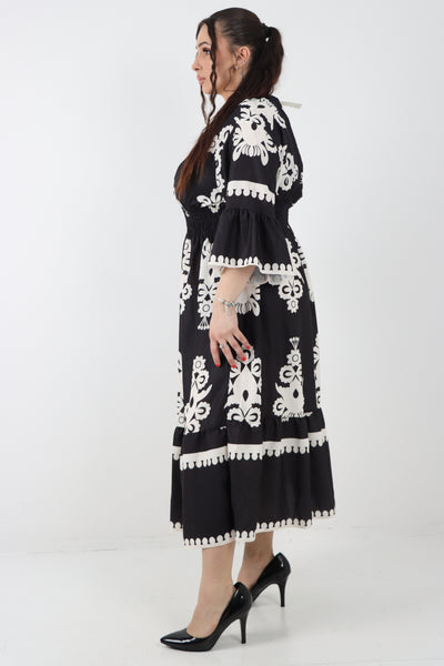 Italian V Neck Shirred Elasticated Waist Printed Maxi Dress