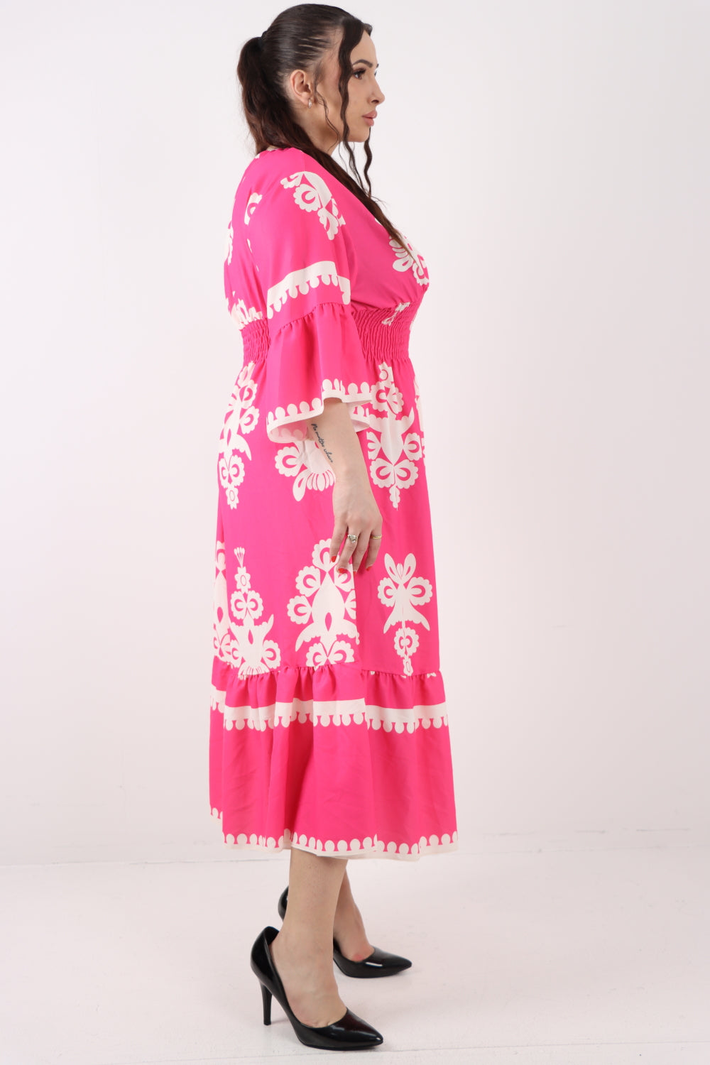 Italian V Neck Shirred Elasticated Waist Printed Maxi Dress