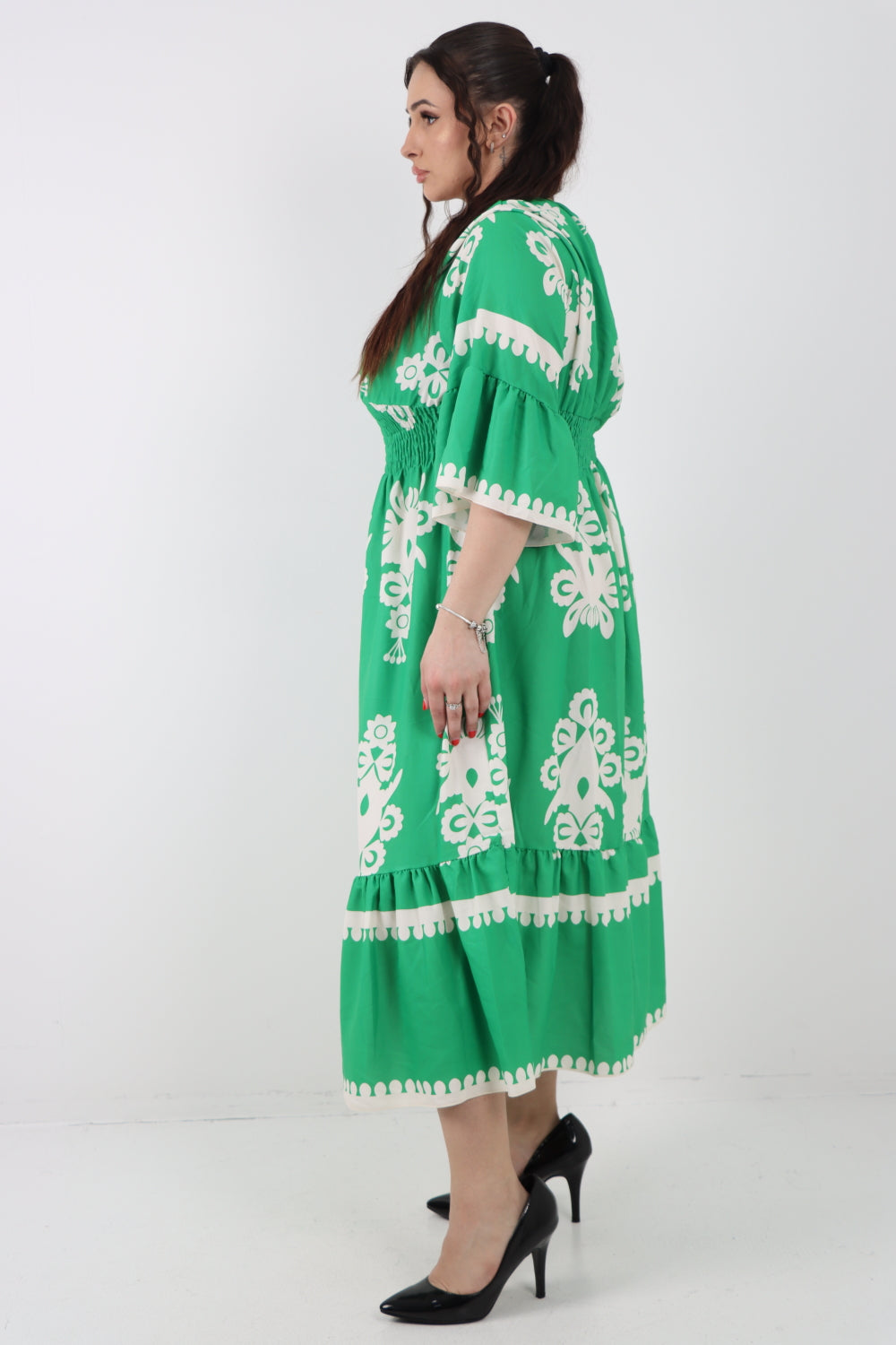 Italian V Neck Shirred Elasticated Waist Printed Maxi Dress