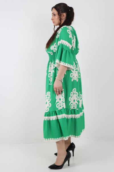 Italian V Neck Shirred Elasticated Waist Printed Maxi Dress