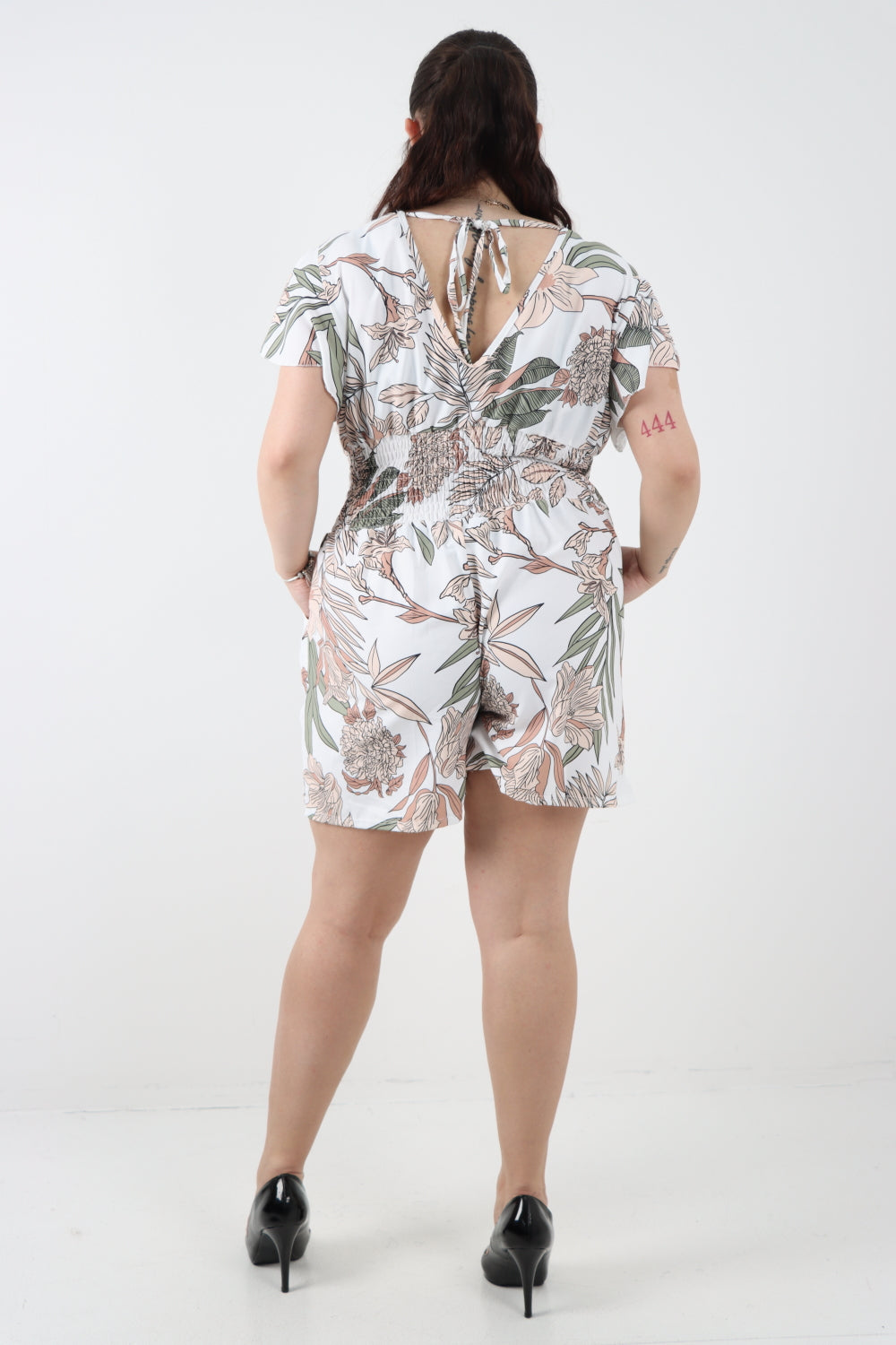 Italian V Neck Tie Back Shirred Elasticated Waist Printed Playsuit