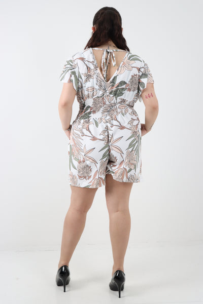 Italian V Neck Tie Back Shirred Elasticated Waist Printed Playsuit