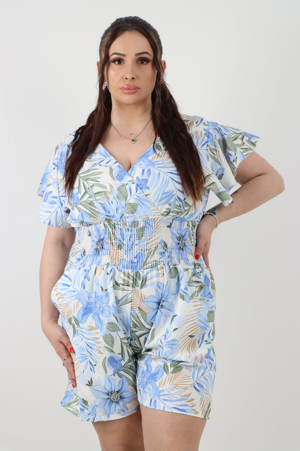 Italian V Neck Tie Back Shirred Elasticated Waist Printed Playsuit