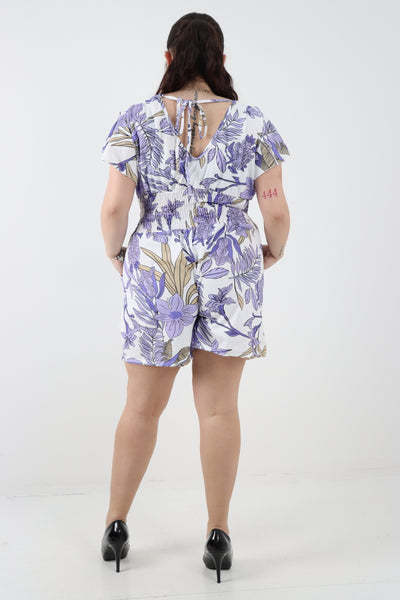 Italian V Neck Tie Back Shirred Elasticated Waist Printed Playsuit