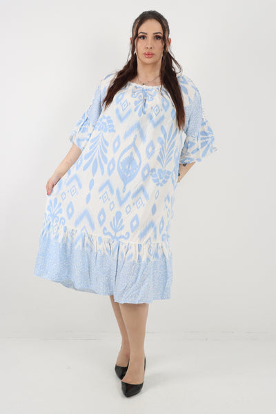 Italian Lace Detail Neck Embroidered Cut-out Sleeve Printed Midi Dress