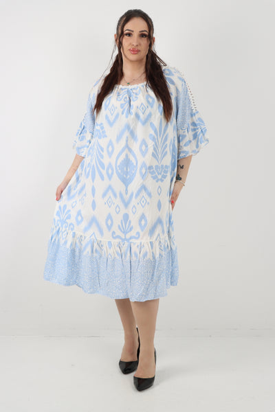 Italian Lace Detail Neck Embroidered Cut-out Sleeve Printed Midi Dress