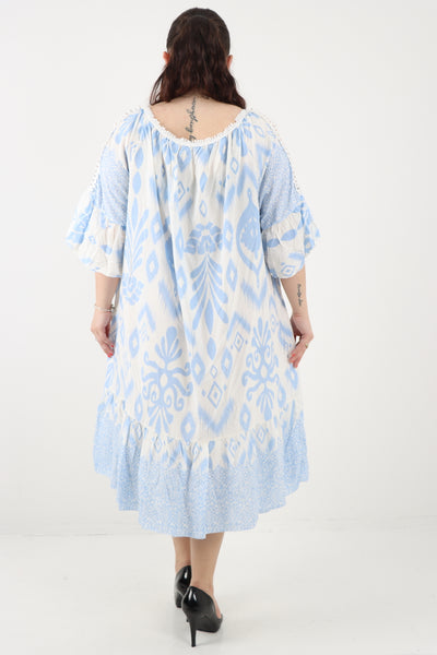 Italian Lace Detail Neck Embroidered Cut-out Sleeve Printed Midi Dress