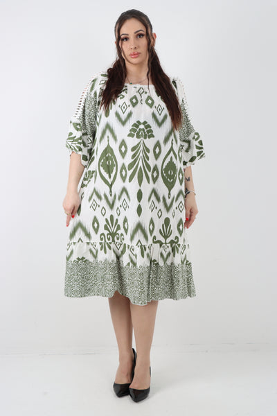 Italian Lace Detail Neck Embroidered Cut-out Sleeve Printed Midi Dress