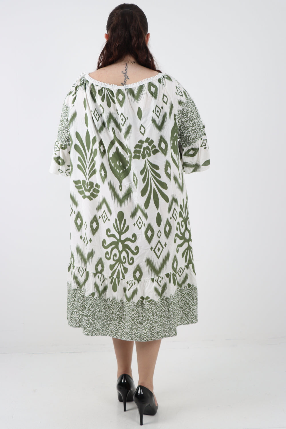 Italian Lace Detail Neck Embroidered Cut-out Sleeve Printed Midi Dress