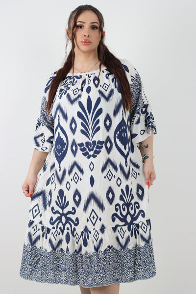 Italian Lace Detail Neck Embroidered Cut-out Sleeve Printed Midi Dress