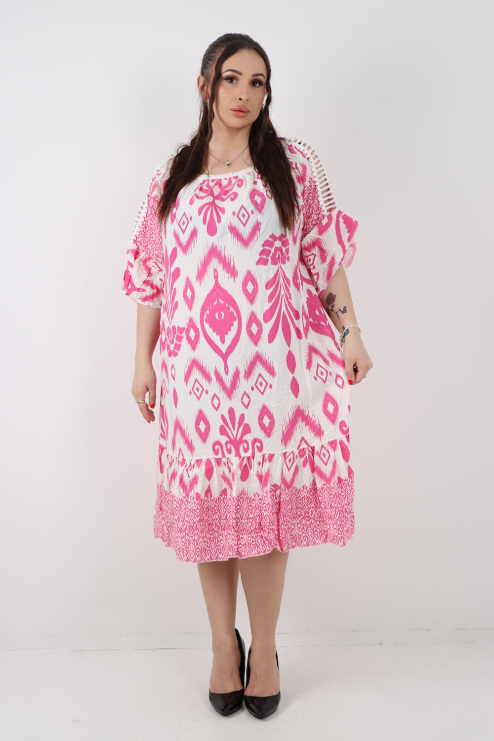 Italian Lace Detail Neck Embroidered Cut-out Sleeve Printed Midi Dress