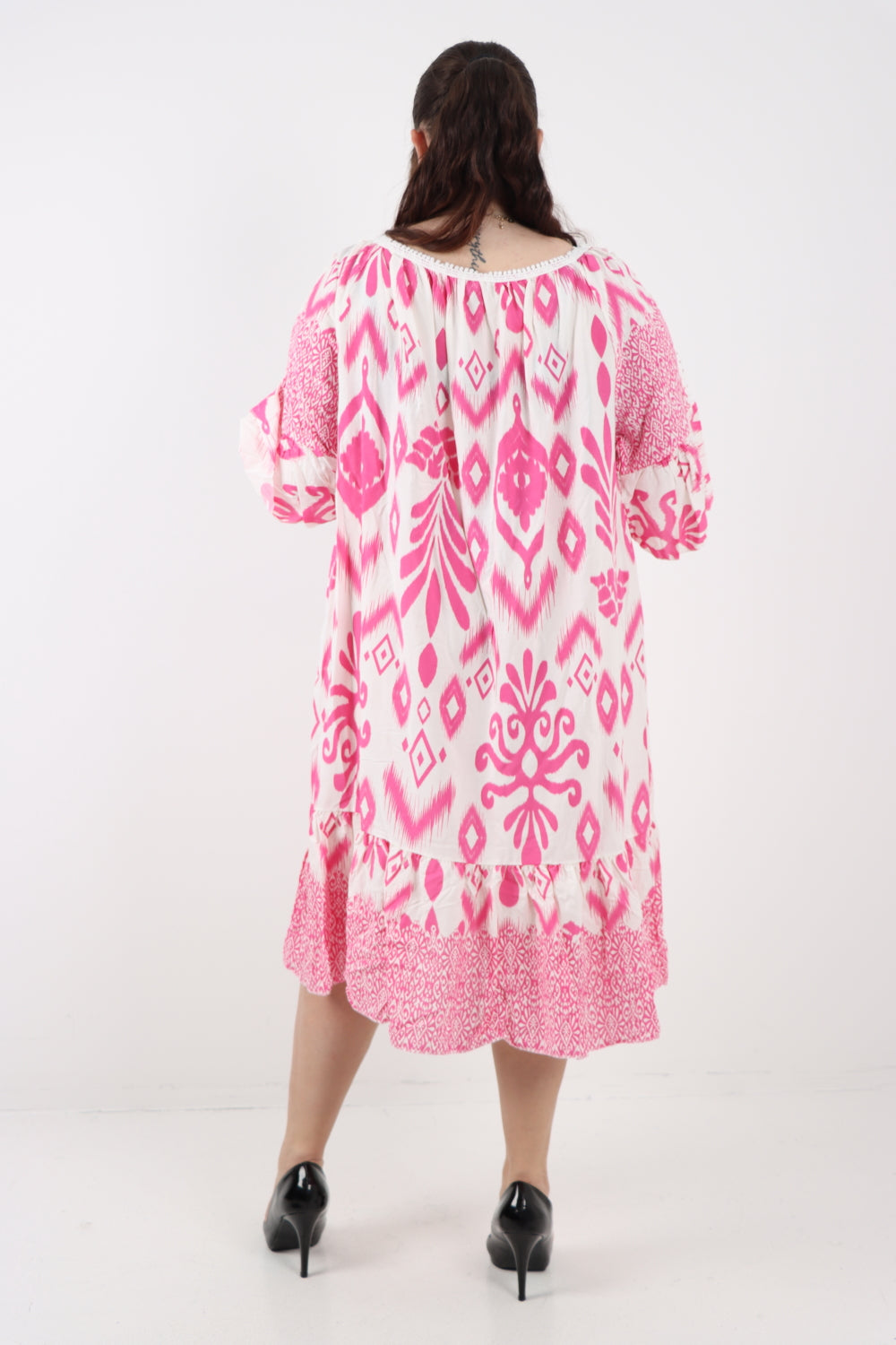 Italian Lace Detail Neck Embroidered Cut-out Sleeve Printed Midi Dress