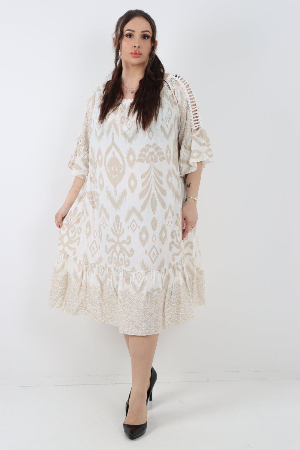 Italian Lace Detail Neck Embroidered Cut-out Sleeve Printed Midi Dress