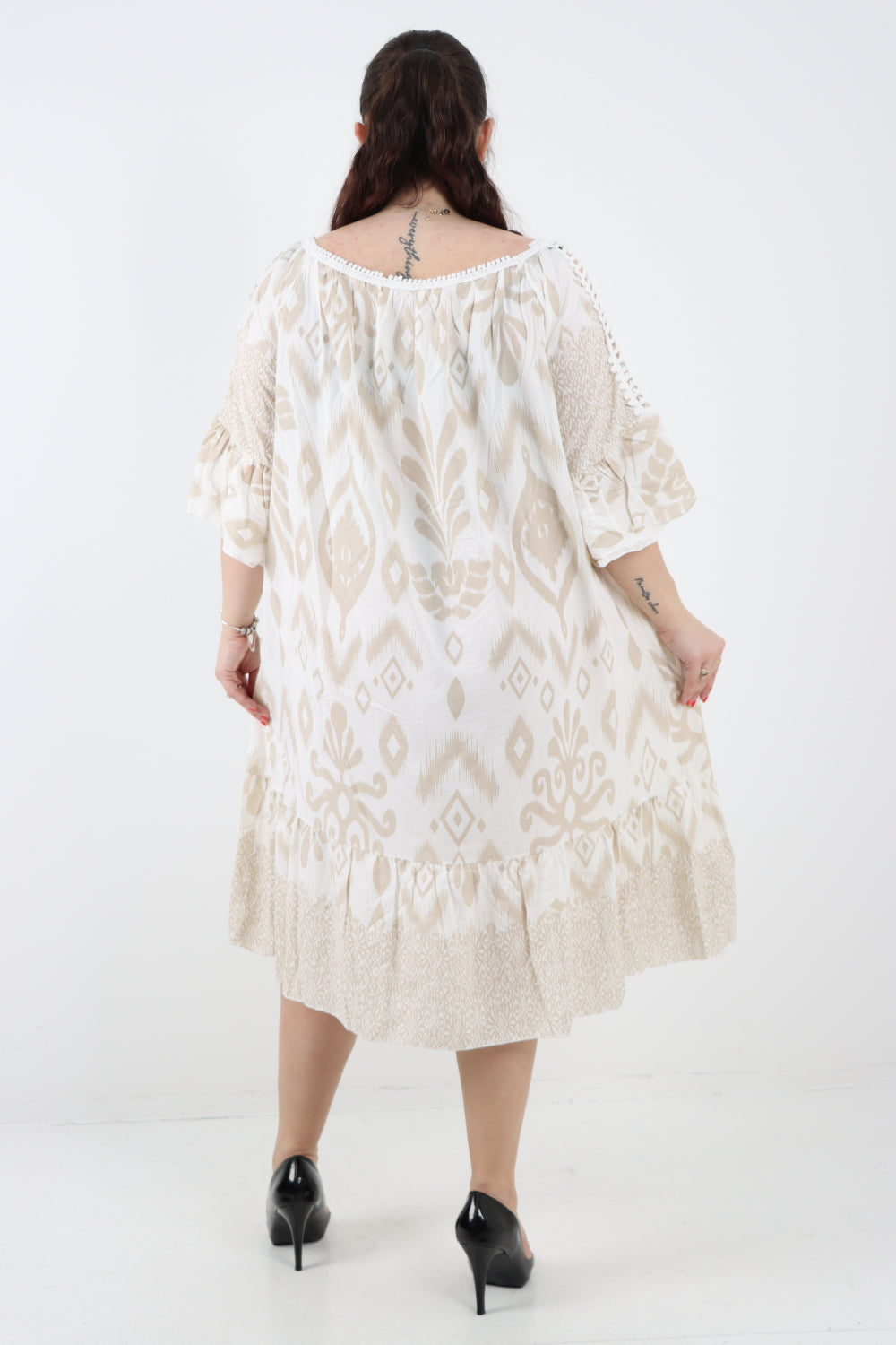 Italian Lace Detail Neck Embroidered Cut-out Sleeve Printed Midi Dress