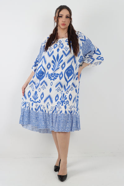 Italian Lace Detail Neck Embroidered Cut-out Sleeve Printed Midi Dress