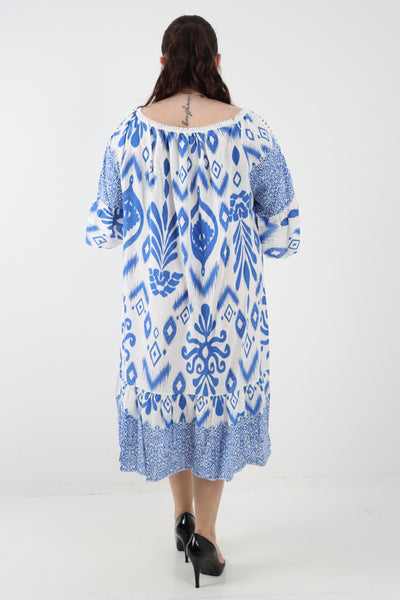 Italian Lace Detail Neck Embroidered Cut-out Sleeve Printed Midi Dress