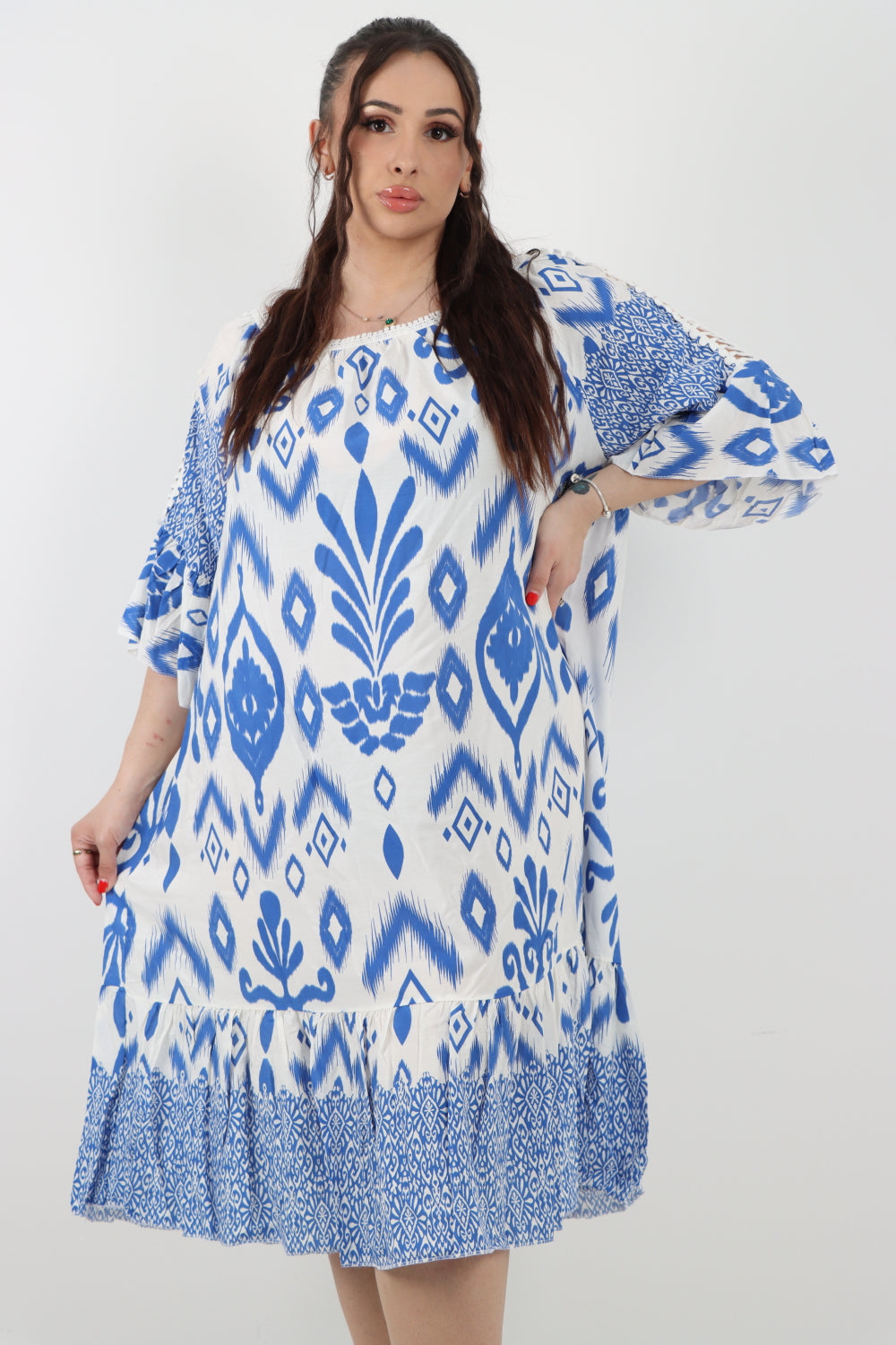 Italian Lace Detail Neck Embroidered Cut-out Sleeve Printed Midi Dress