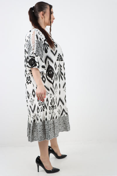 Italian Lace Detail Neck Embroidered Cut-out Sleeve Printed Midi Dress