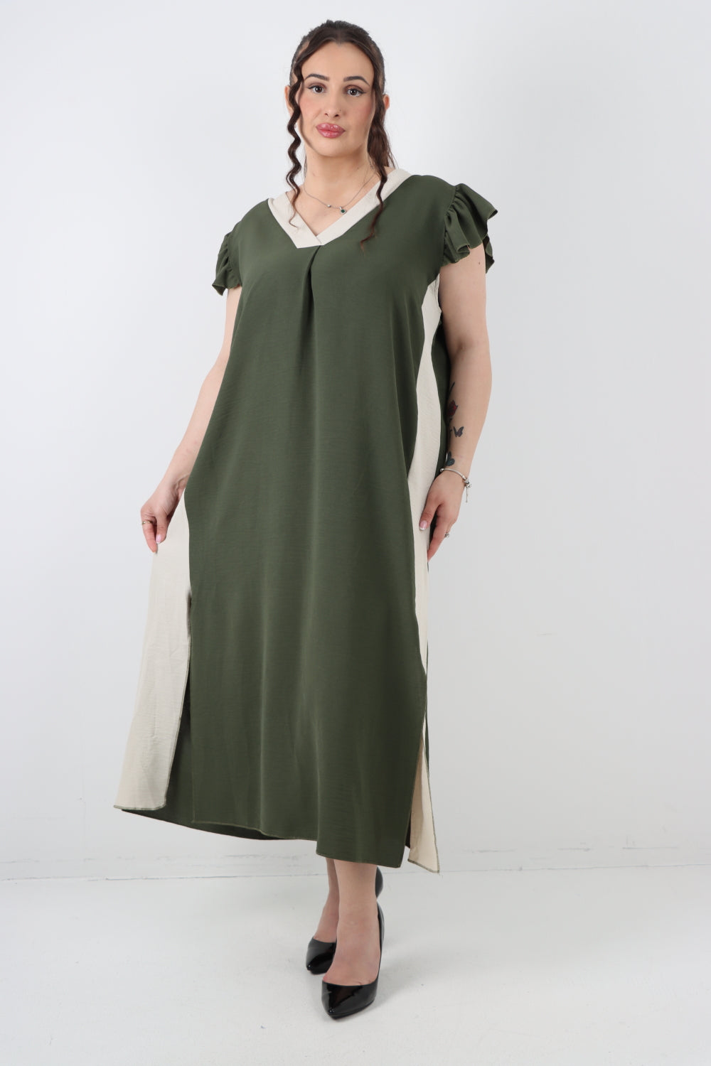 Italian V - Neck Panel Cap Sleeve Two Side Slit Midi Dress