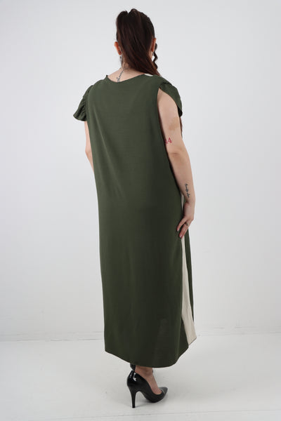 Italian V - Neck Panel Cap Sleeve Two Side Slit Midi Dress